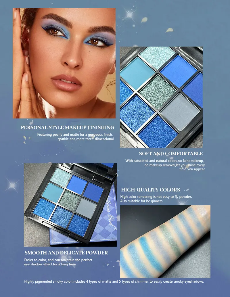 9-Farben-Lidschatten-Palette, blau, wasserdicht, schweißfest, blau, matt, Perlen-Glitzer-Finish, Performance, Bühnen-Make-up, Musikfestival – Detail 5