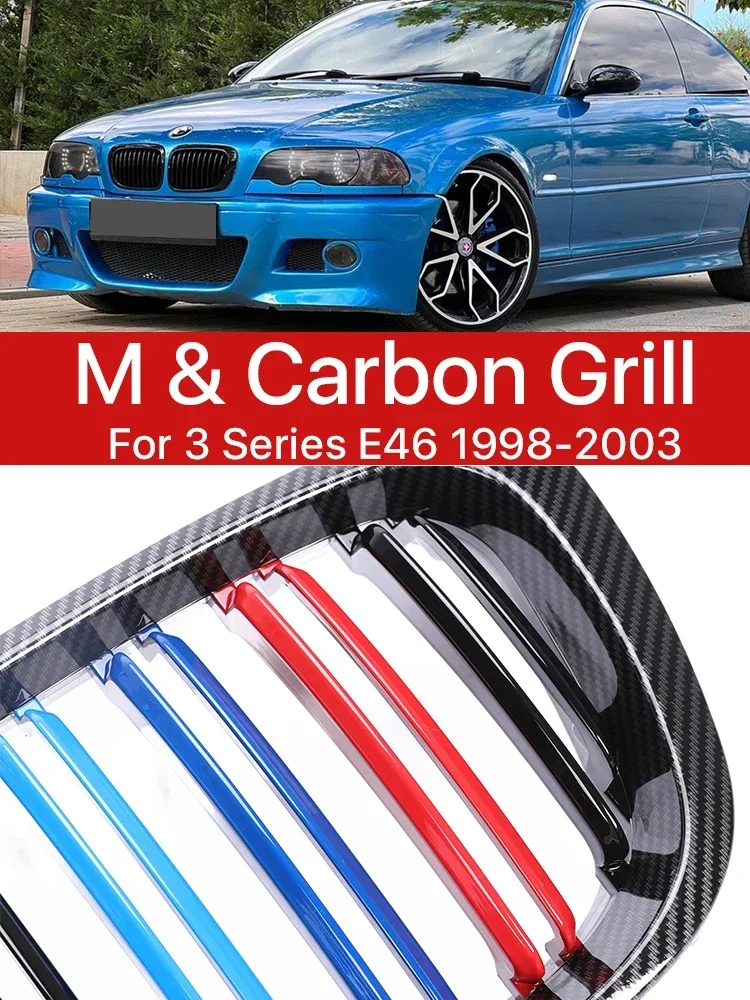 

New! Carbon Fiber M Style Racing Grille Cover Front Upper Bumper Kidney Grills For BMW 3 Series E46 1998 -2003 2002 2001 2/4 Doo