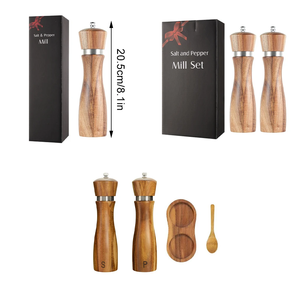 Coarse To Fine Settings Salt And Pepper Grinders Set Natural Wood Box Salt And Pepper Grinders