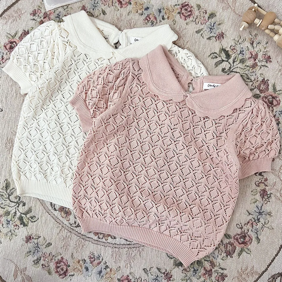 

deer jonmi 2022 Summer Korean Style Baby Girls Thin Knitted Sweaters Ruffles Hollow Out Short Sleeve Kids Pullovers Tops