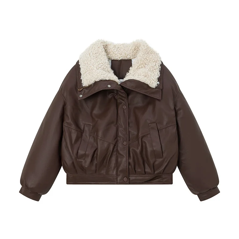 Trendy Fleece Thicken Warm Short Leather Jacket Shearling PU Leather Cotton Lining Women's Winter New Zipper Leather-Cotton Coat