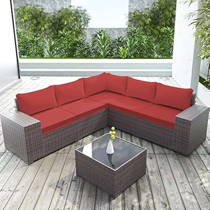 

Outdoor Patio Furniture Sets 6Pc Sectional Furniture All-Weather Patio Sofa PE Wicker Backyard Deck Couch Conversation Chair Set