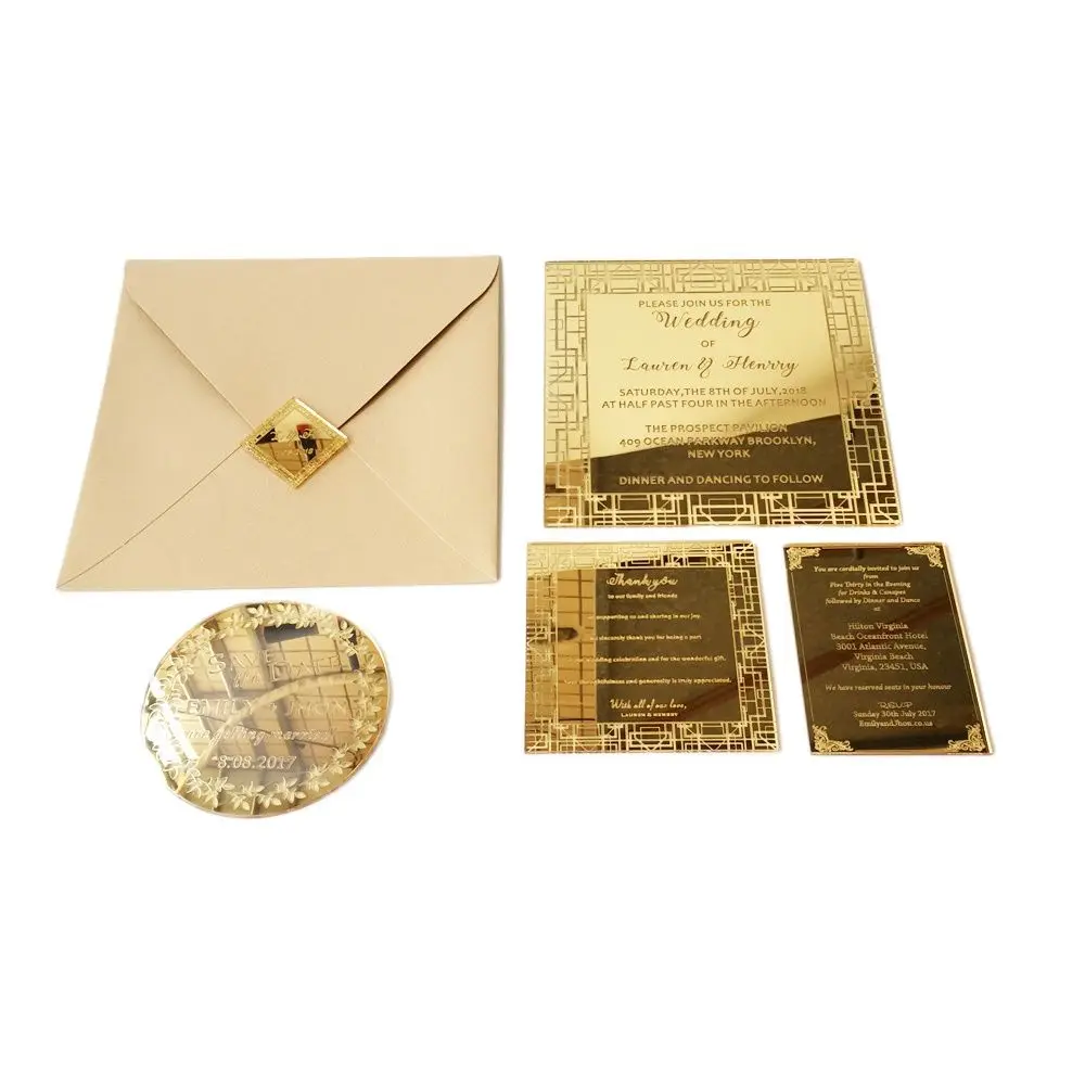 Personalised 150x150mm Square Shape Golden Mirror Acrylic Wedding Invitation Card Set 100 Sets Per Lot