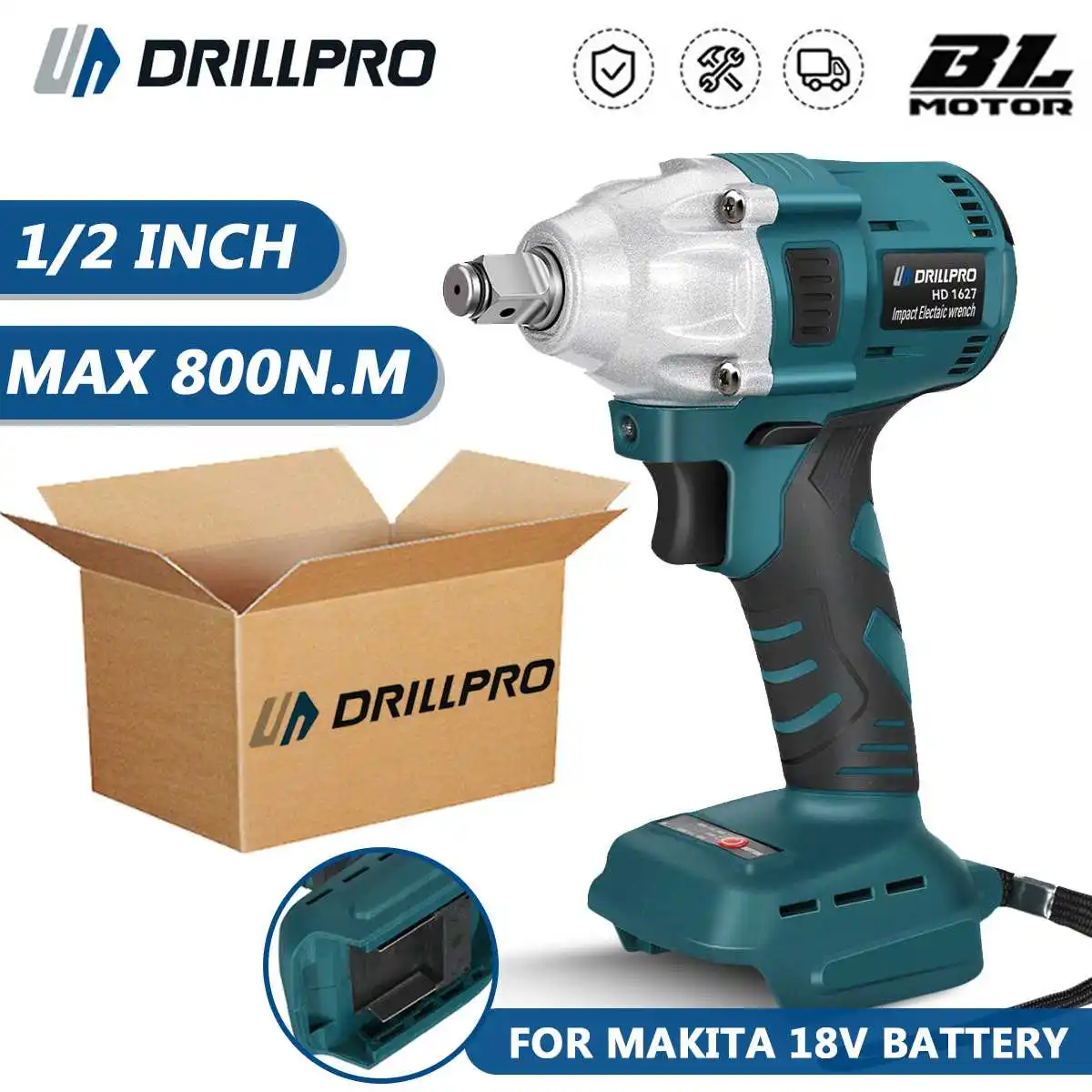 

Drillpro 800N.M Brushless Impact Electric Wrench Cordless 2700RPM 3000W 1/2 inch Power Repair Tools For Makita 18V Battery New