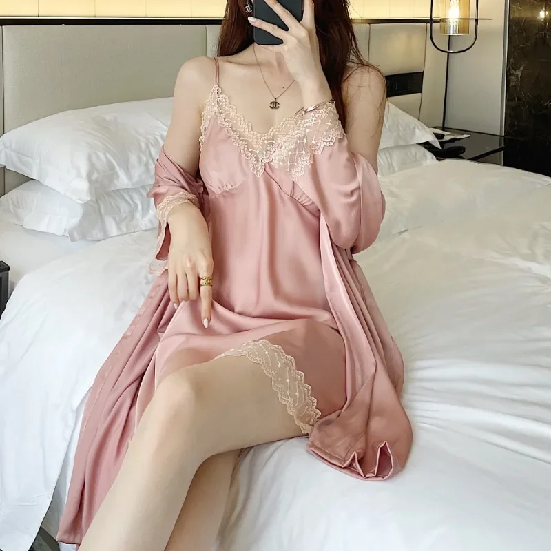 

Sexy Halter Ice Silk Nightgown Women Two-piece Sets of Spring and Summer Simulation Silk Ladies Homewear with Corset Pajamas Set