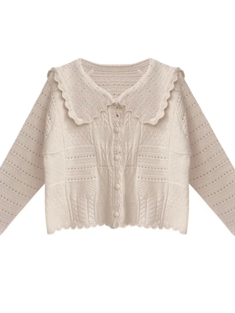 人形の襟付きの女性用ニットカーディガン,ゆったりとした長袖,シングルブレストのセーター,婦人服,女の子のファッション,秋