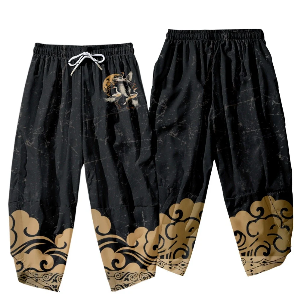 

Japanese Style Kimono Pants Men Kanagawa Wave Crane Traditional Samurai Thai Harem Pants Harajuku Streetwear Boys Trousers