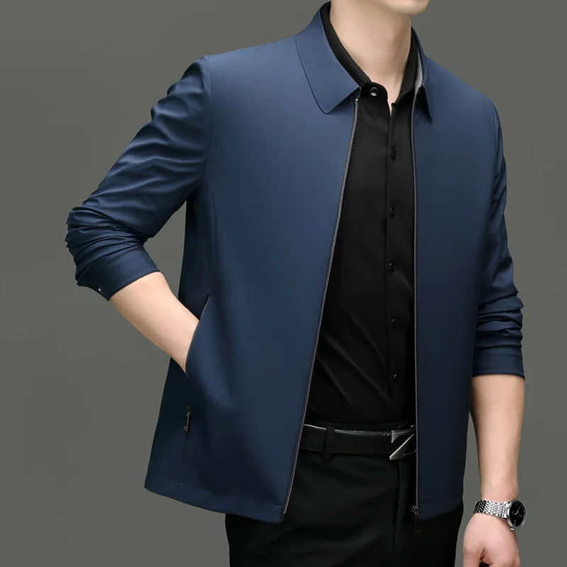 Men Lapel Collar Motorcycle Racing Jacket, Spring New Elegant High-end Texture Coat, Business Casual Daily Commuter Outerwear 3
