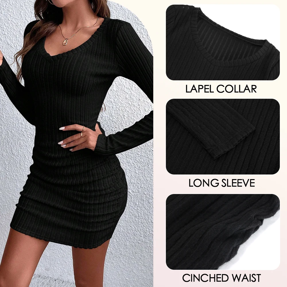 Women's Dresses Fall Winter Ribbed Knitted Slim Plain Sexy V-Neck Bodysuit Mini Casual Long Sleeve Short  Dresses