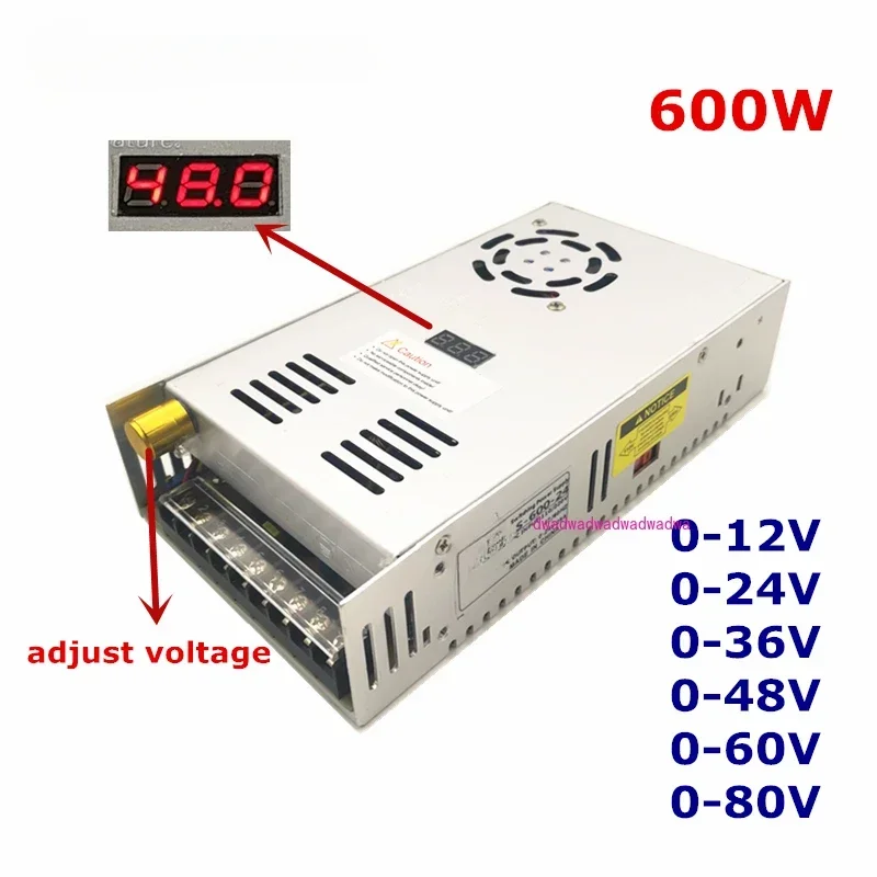 600W adjustable output voltage  0-12V 24V 36V 48V 50V 60V 80V Switching  Digital display AC  to DC power supply