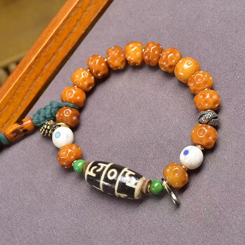 النمط التبتي المستصلح العظام منحوتة حبلا واحدة الفضة مطلي الزجاج الطاووس حجر العقيق البوذية الصلاة حبة سوار #3