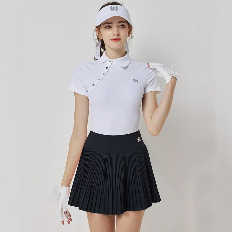 Blktee Women Short Sleeve Golf T-shirt Retro Stand Collar Top Lady Anti-light Pleated Skirt Soft High-waisted Culottes Golf Sets