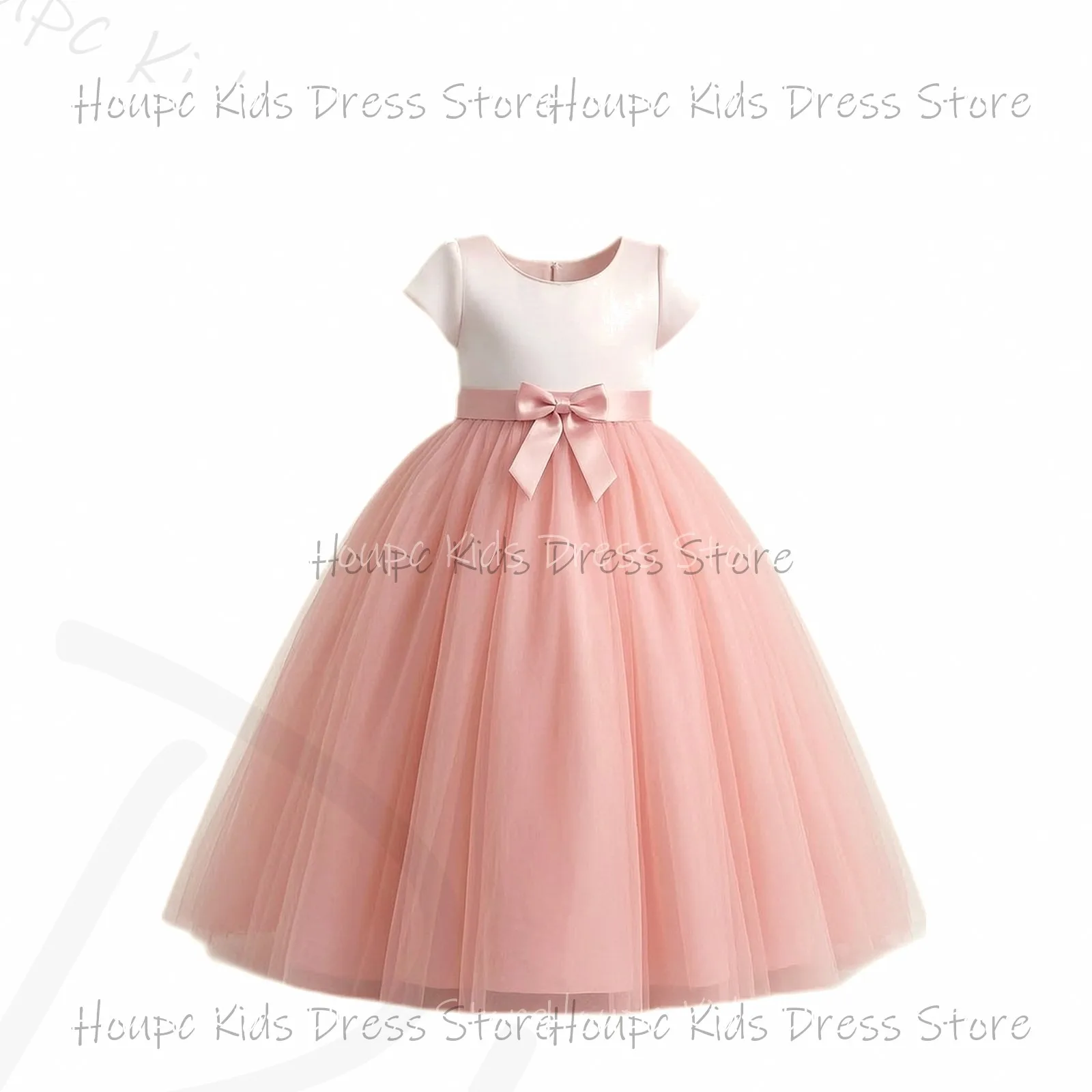 Wedding Custom Flower Girl Dresses Short Sleeve Tulle Blush Pink Bow Waist Tea-Length Wedding Birthday Party Evening Party