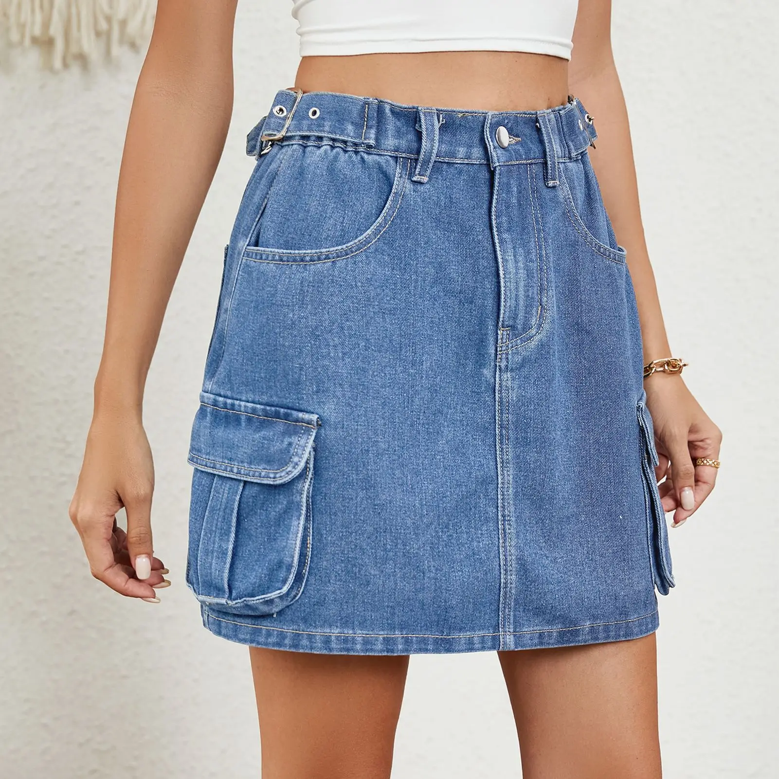 

Washed Adjustable Waist Denim Half Body Skirt.New Summer Fashionable and Versatile Multiple Pockets Design Short Skirt for Women