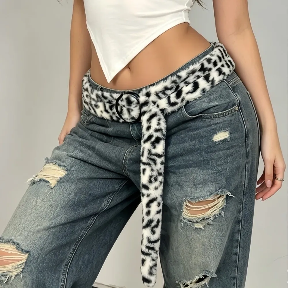 Stylish Street Style Faux Fur Waist Belt Faux Fur Adjustable Length Y2K Hip Hop Belt Leopard Print Pattern Fur Belt for Women