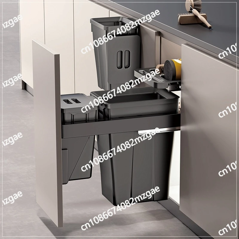 Kitchen cabinet embedded trash can embedded type with lid concealed invisible built-in double bucket classification resistance