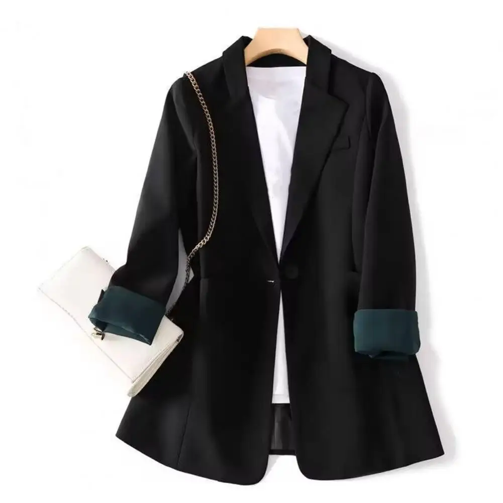 Work Jacket Elegant Lapel Suit Coat with Pockets for Women Long Sleeve Single Breasted Jacket Solid Color Loose Fit for Leisure