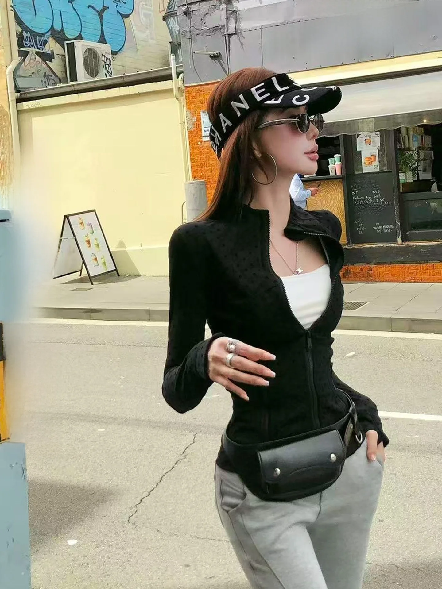 

Slimming Effect Nylon Polka Dot Stand Collar Zipper Ladies Cardigan New 2026 Versatile Commute Flocking Polka Dot Top