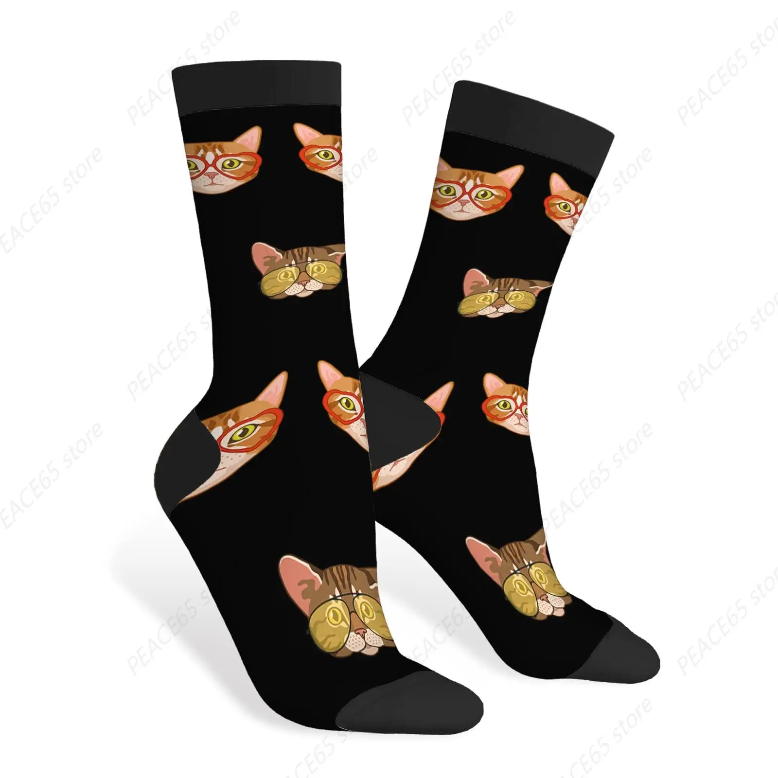 Cats In Glasses Funny Socks Funny Cat Face Cute Pet Kitten Head Novelty Casual Crew Socks Contrast Color Design