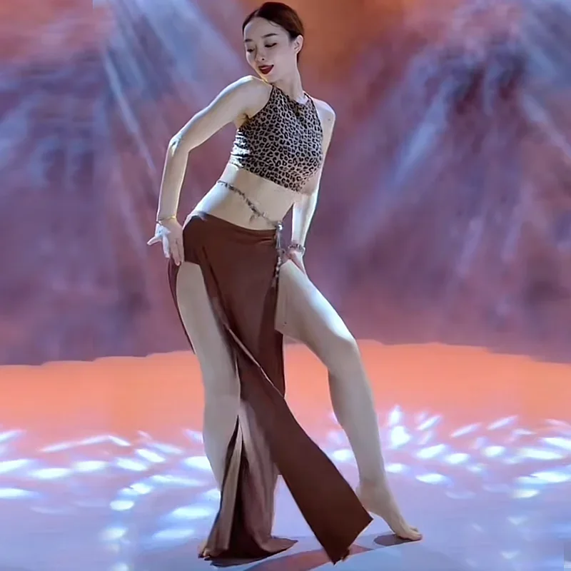 

Эластичная классная одежда, костюм для восточных танцев, укороченный топ из 2 предметов, длинная юбка, сексуальный наряд, тренировочная одежда для танца живота с леопардовым принтом