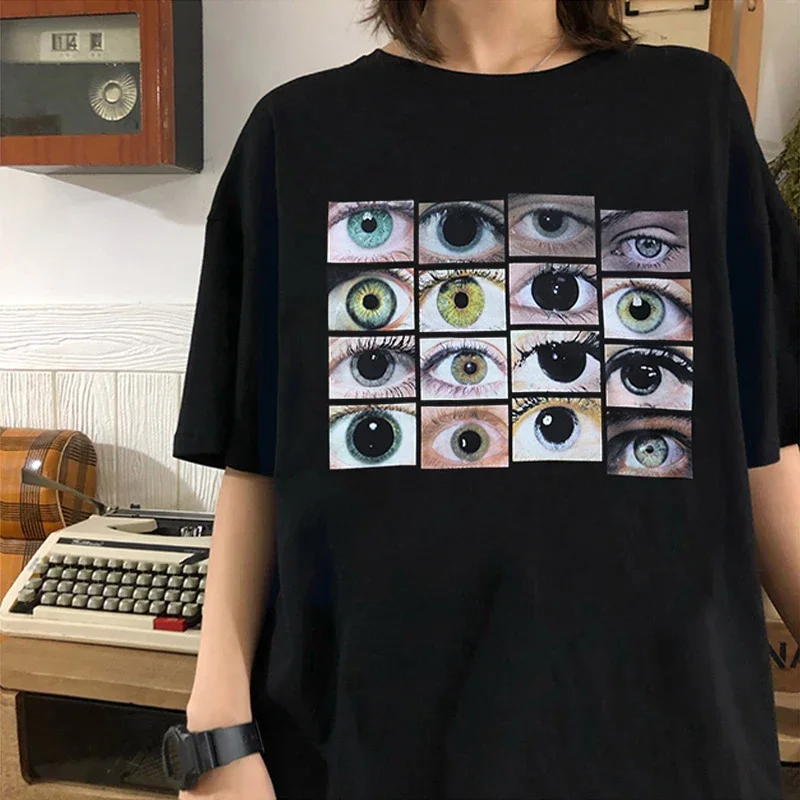 Men's T-Shirt Harajuku Eyes Print Short Sleeve Y2K Tops Aesthetic T-Shirt Vintage Gothic Black O-Neck Tee Shirts Streetwear