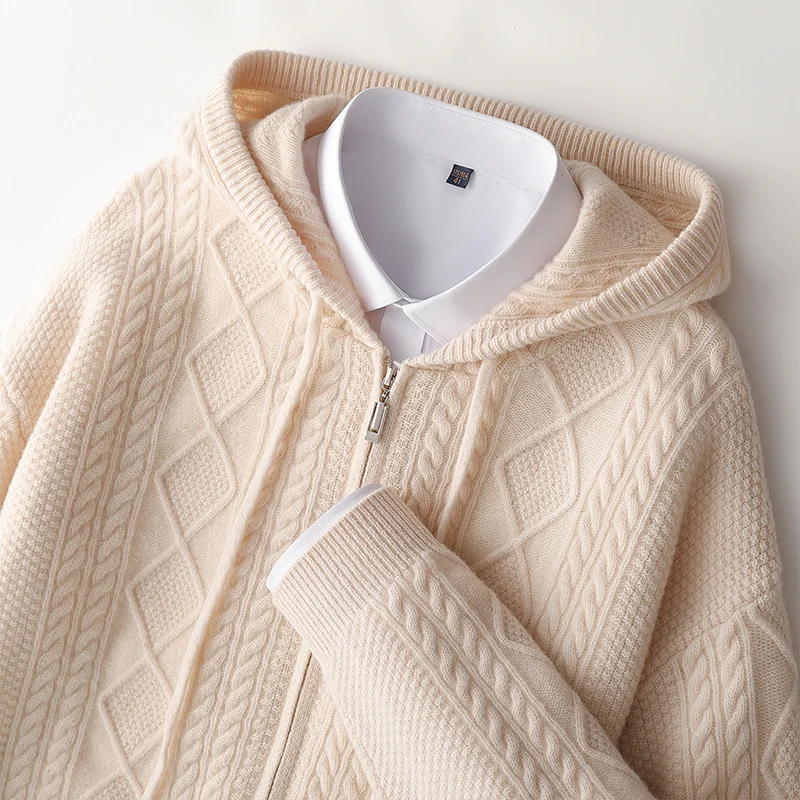 

ADDONEE мужской толстый кардиган с капюшоном, свитер из 100% мериносовой шерсти, осень-зима, вязаный кардиган с ромбами на молнии и длинными рукавами, пальто