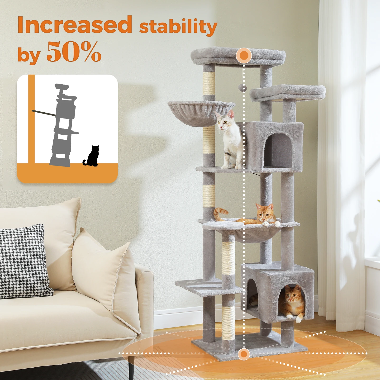Tall Cat Tree for Indoor Cats Big Cat Tower with Super Large Hammock Cat Climbing Tree with Scratching Posts Condo House Black