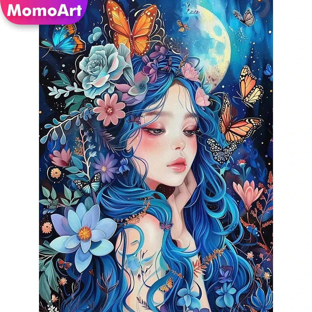 Momoart 5D DIY Diamant-Stickerei Frauenporträt Gemälde Blumen Acryl Bastelbedarf Diamant-Mosaik Schmetterling Einzigartiges Geschenk