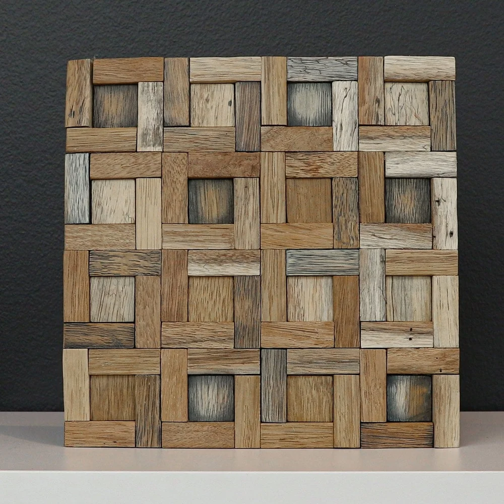 بلاط حائط فسيفساء من الخشب الطبيعي المستصلح، لوحات زخرفية سهلة التركيب بنفسك، ميزة جدارية ذات لهجة ريفية للمنزل أو العمل