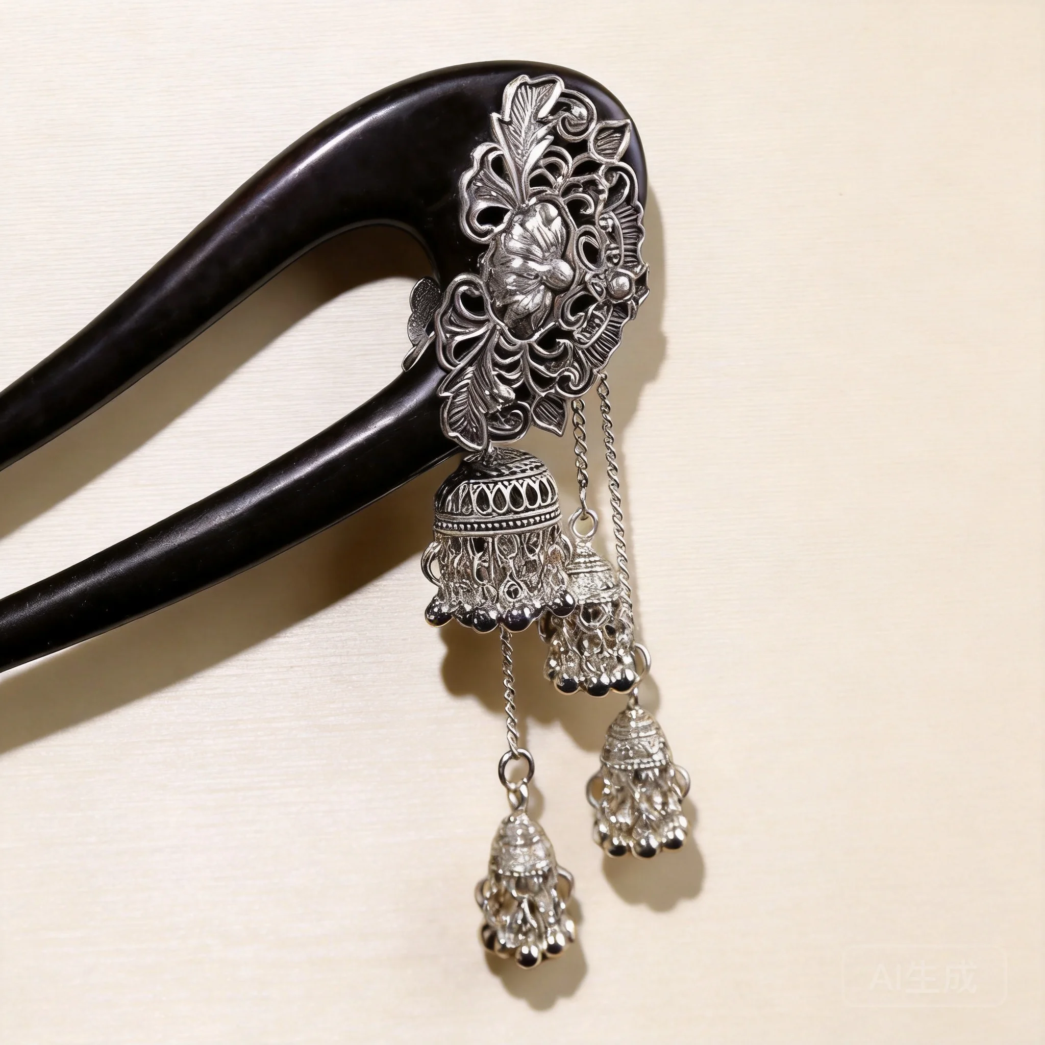 Traditional Chinese Style Ebony Hairpin Miao Ethnic Vintage Silver Bell Tassel Good Luck Blessing U Shaped Hair Stick For Women