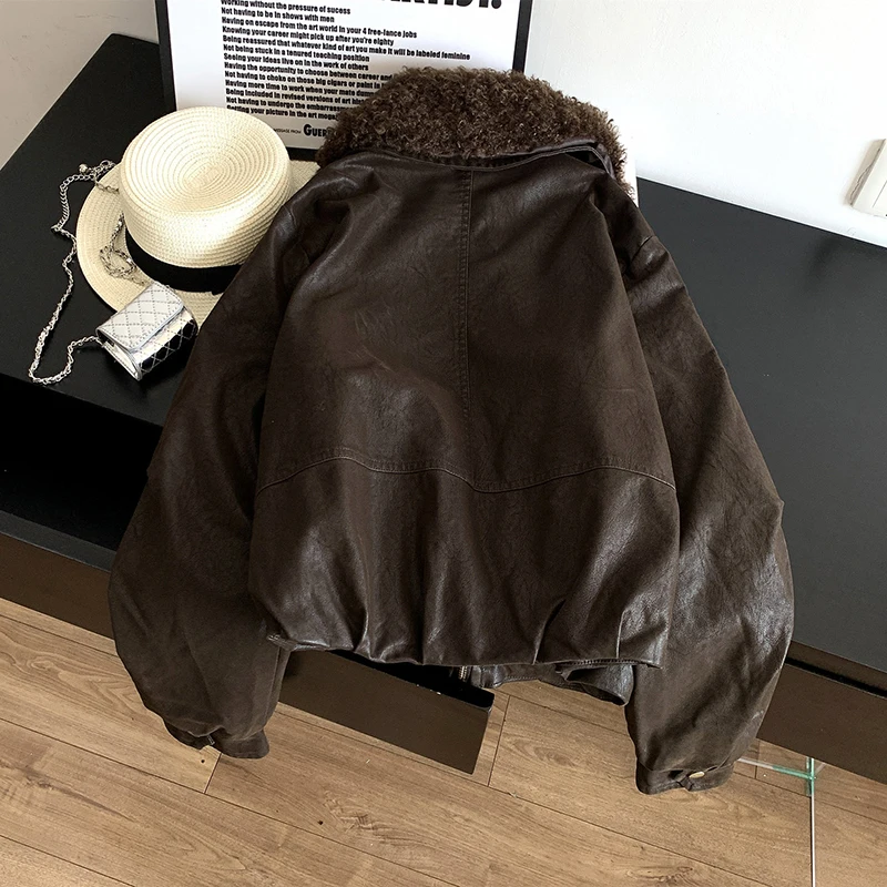 Vintage Faux Leather Jacket for Women Patchwork Lamb Wool Turn Collar Double Breasted Coat Fleece Lined Zipper Thick Outerwear