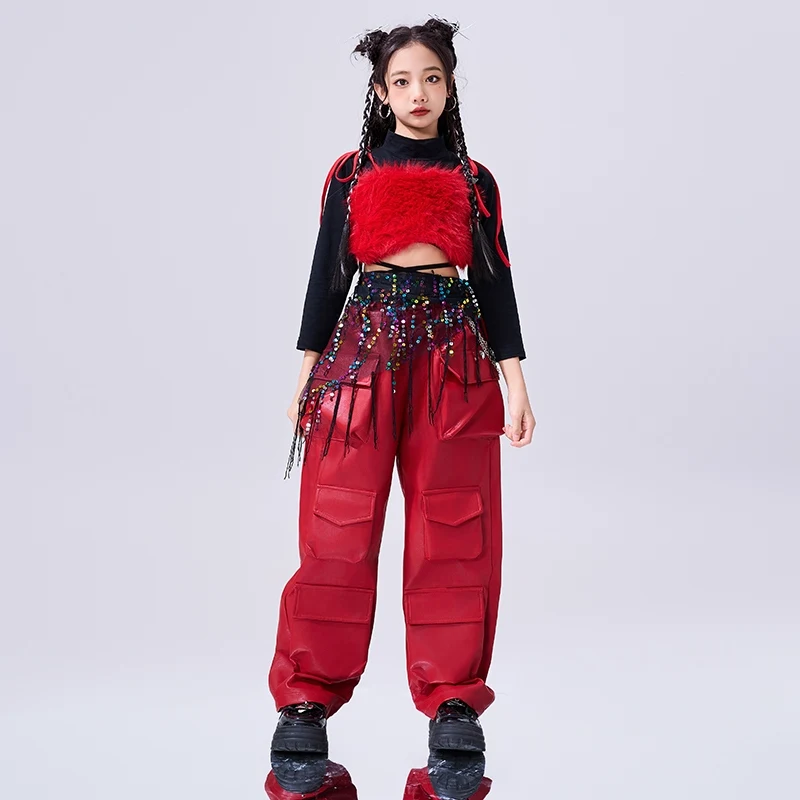 Paillettes Jazz Dance Costume Ragazze Moda Kpop Abiti di scena Top neri Gilet rosso Pantaloni cargo Kid Hip Hop Street Dance Wear AMY1352