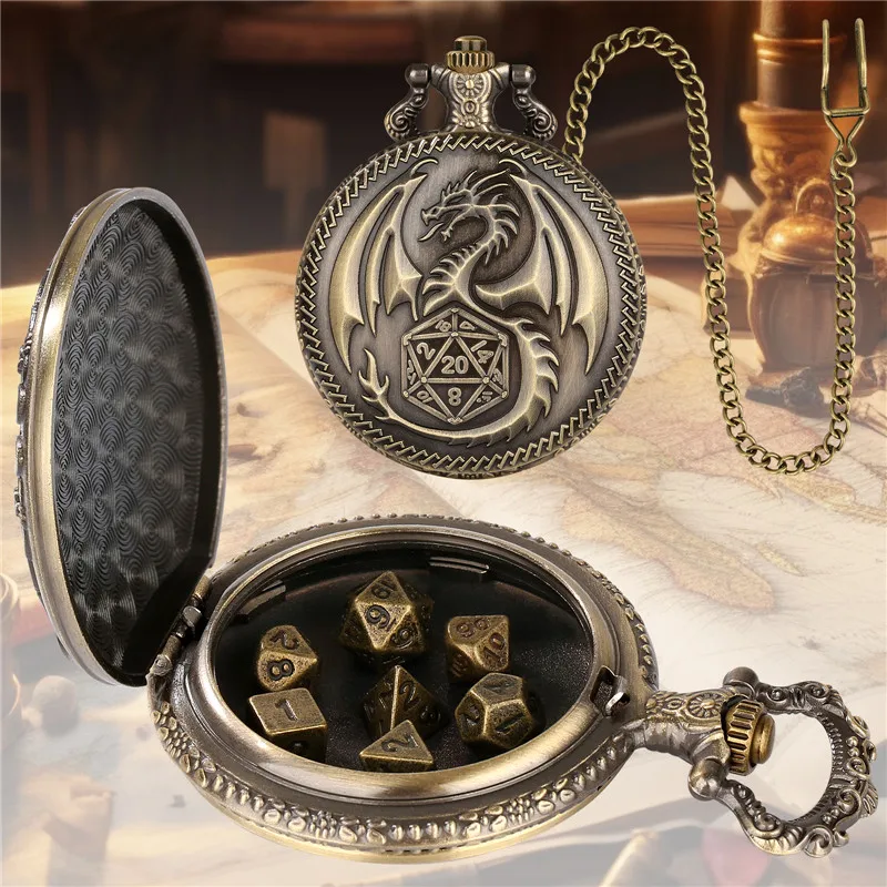 

Bronze Dragon Pocket Watch Case FOB Chain with 7 X Metal Polyhedral Dice with Entertainment Role Play Game Dices