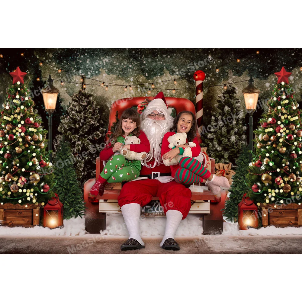 Merry Christmas ภาพฉากหลังรถบรรทุกสีแดงคริสต์มาสต้นไม้ฤดูหนาวพื้นหลังการถ่ายภาพ Snow Pine Forest วันเกิด Portrait Studio Prop