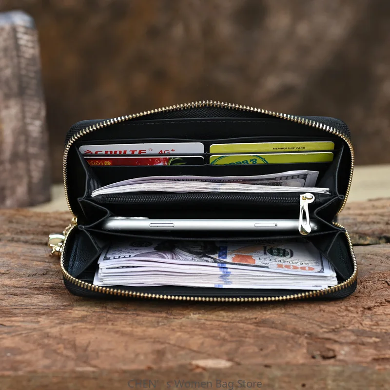 Vintage Genuine Leather Large Capacity Multi Slot Embossed Hand Colored Zipper Wallet Coin Bag for Women