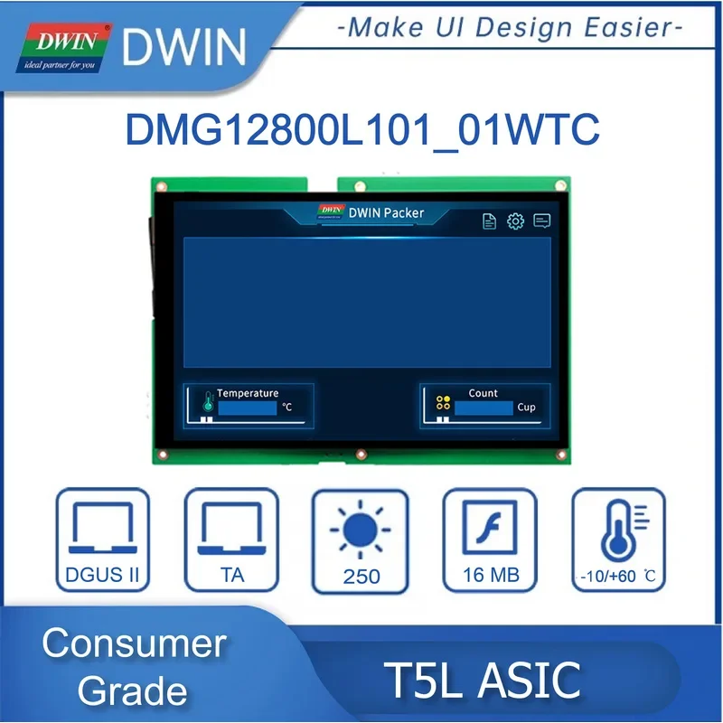 DWIN 10.1 بوصة 1280x800 TFT LCD HMI وحدة عرض IPS بالسعة/مقاوم TTL/RS232 شاشة تعمل باللمس DMG12800L101_01W
