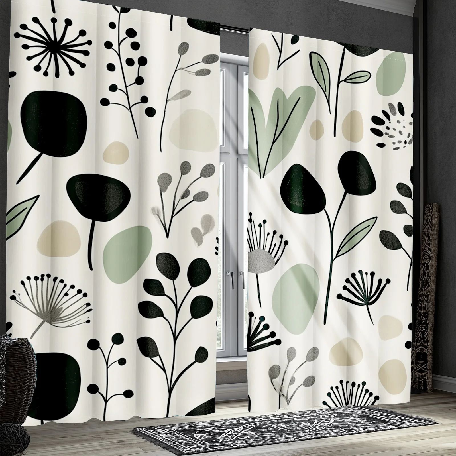 2pcs Classic Geometric Green Floral Blackout Curtains, Mid Century Modern Boho Polyester Window Treatments for Home Decor