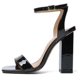 Women Sandals Sexy Pumps Party Dress Novelty Buckle Strap Patent Leather 13CM Square Heel Retro Dress Stripper Shoes Pumps Red