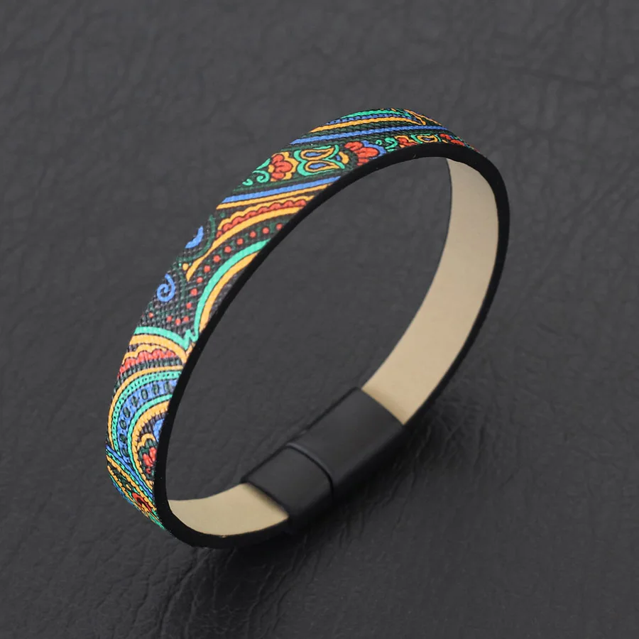 قسط بو الجلود سوار الرجال الأسود انفصال المغناطيس مشبك العرقية 3 ألوان الطباعة أساور الترفيه في الهواء الطلق أوم اليد Joias