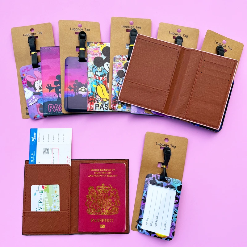 Porta pasaporte y etiquetas de equipaje de Minnie de Disney, funda para pasaporte de viaje, etiqueta de equipaje, tarjetero de identificación