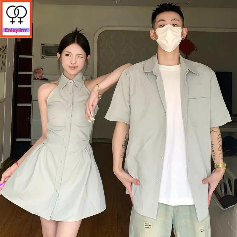 Matching Couple Hoodies Dress Lovers Clothes 2024 Summer Honeymoon Date Girls Solid Button Retro Sleeveless Shirt Dress