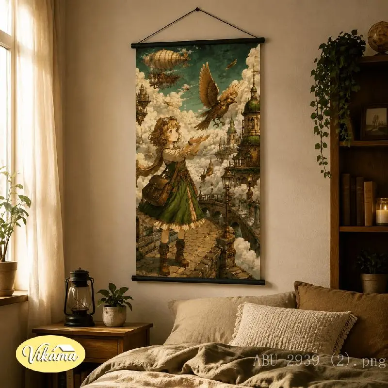 VIKAMA Steampunk Anime Girl Tapestry Mechanical Bird Floating City Airship Sky Art Wall Hanging Bedroom Aesthetic Decor
