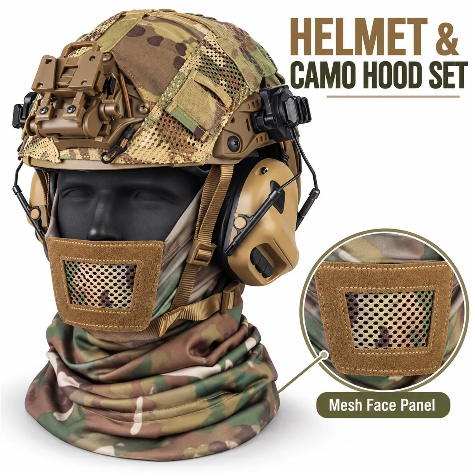 FAST Helmet Set, 19-21mm Rail Headset, 360° Ear Cups, Fit Dial, Extended Half Mask, Camo Hood, Mesh Face Panel, Helmet Cover