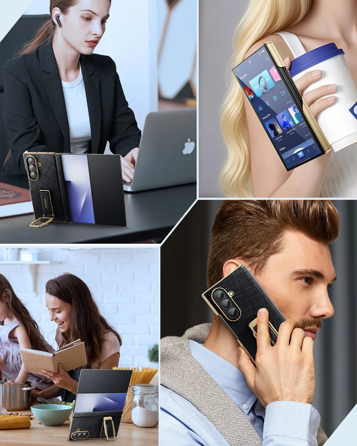Eary Luxury Leather Case for Samsung Galaxy Z TriFold for TriFold 360° Rotate Stand Wristband Grip Metal Bumper Protector Shells