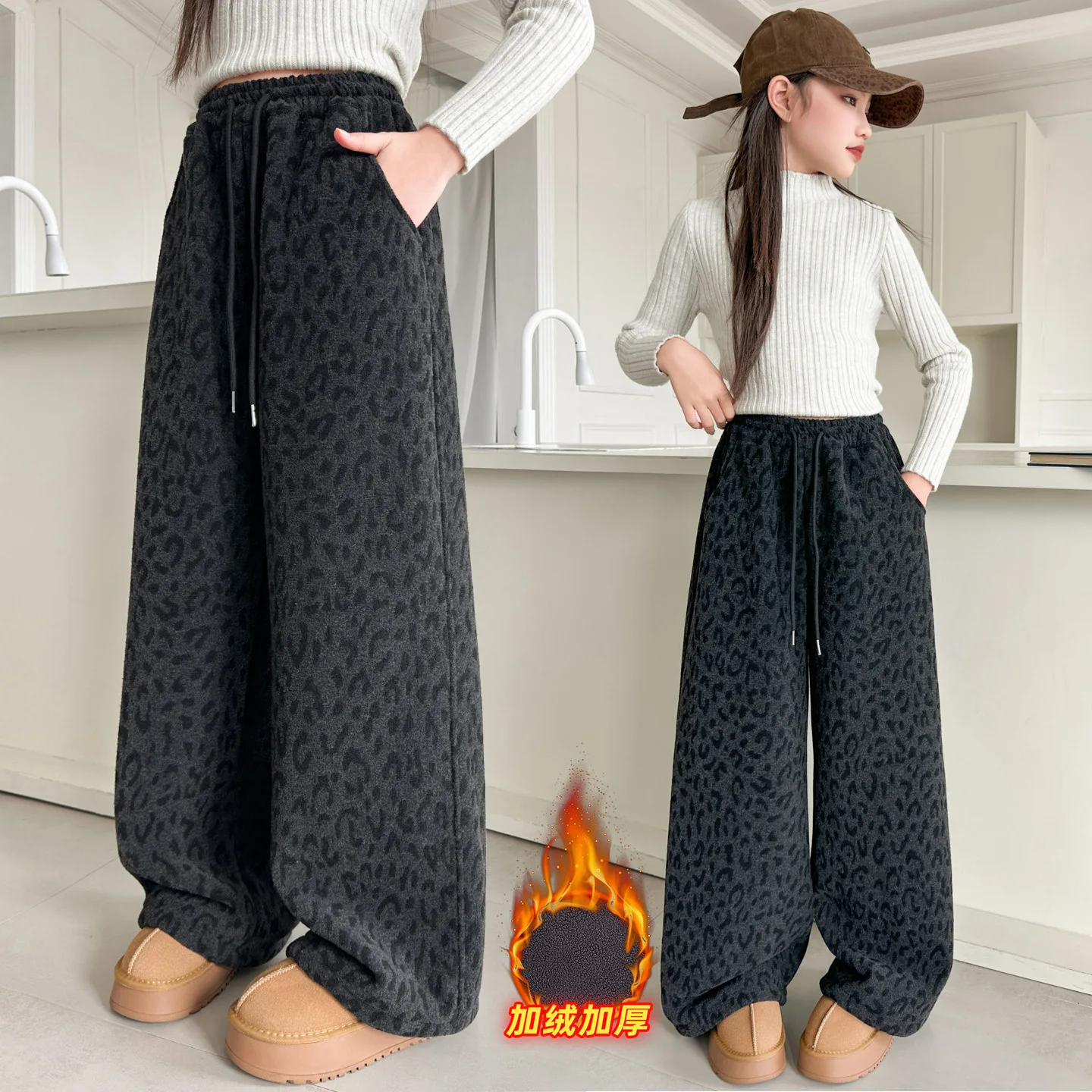New Winter Children Warm Fleece Pants with Fart Curtain for Girls Soft Corduroy Long Trousers School Kids Thermal Sweatpants