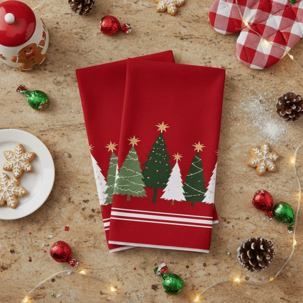 2PCS Star Christmas Tree Pattern Merry Christmas Kitchen Towel Water-absorbent Washable Kitchen Hand Towel Fade-resistant