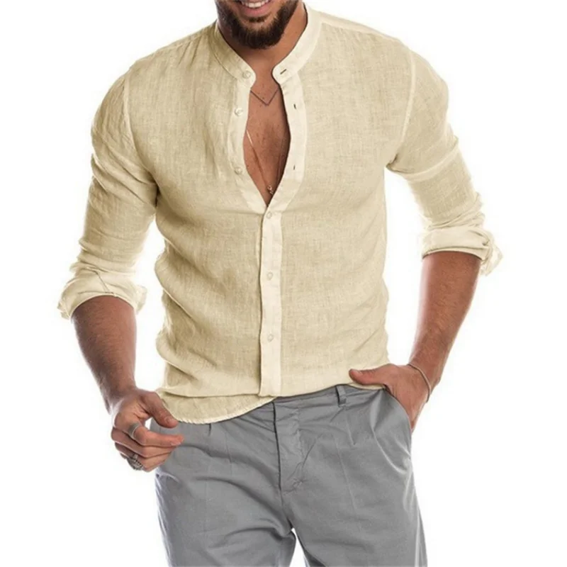 2023 New Men\'s Solid Color Linen Long Sleeve Shirt Stand Collar Cardigan Long Sleeve Loose Men\'s Shirt