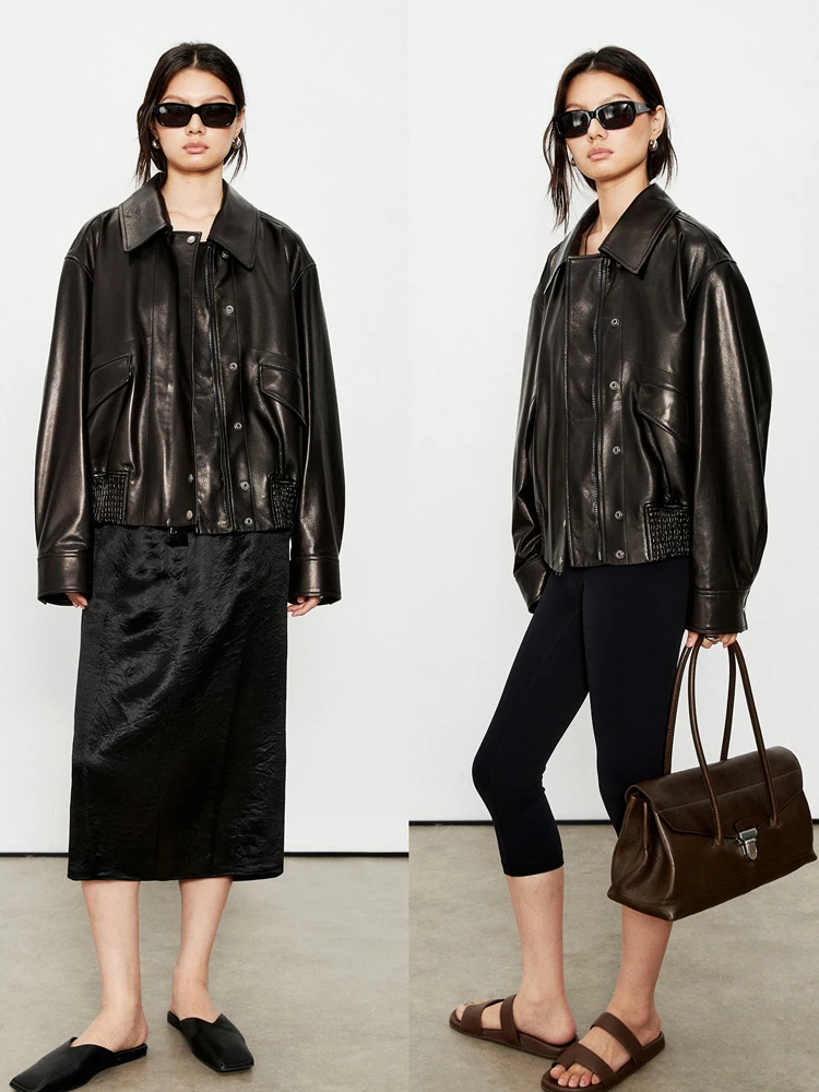 

High-End Sheepskin Leather Jacket Women's Short Coat Flip Collar Fashionable Haifeng Genuine Leather Outerwear Autumn Style