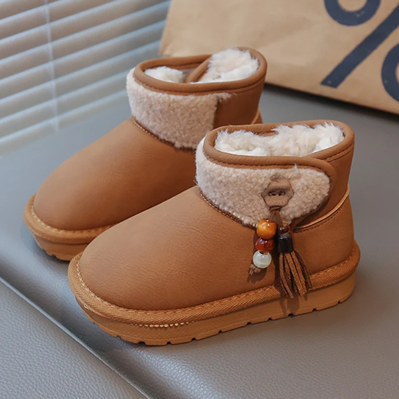 

PU Leather Plush Boots For Children Thick Warm Teenager Kid's Snow Boots Waterproof Fur Boots For Boys Girls Casual Cotton Shoes