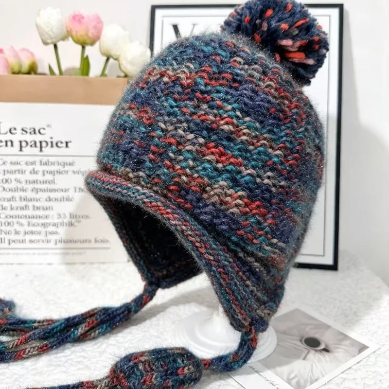 Women's Autumn Winter Chunky Knit Beanie Ethnic Style Ear Cover Japanese Tie Pom Pom Hat